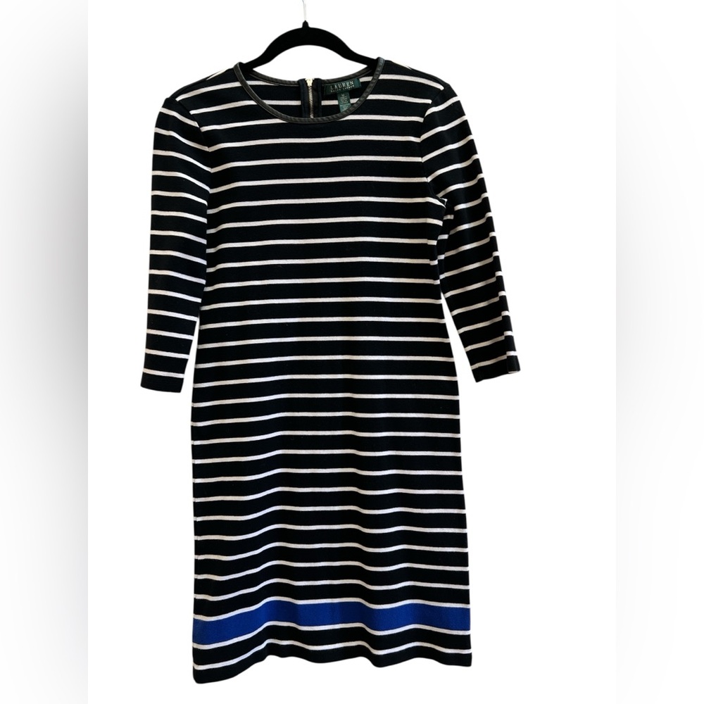 Lauren Ralph Lauren Striped Knit Dress Faux Leather Trim Nautical Preppy Medium - Picture 2 of 6